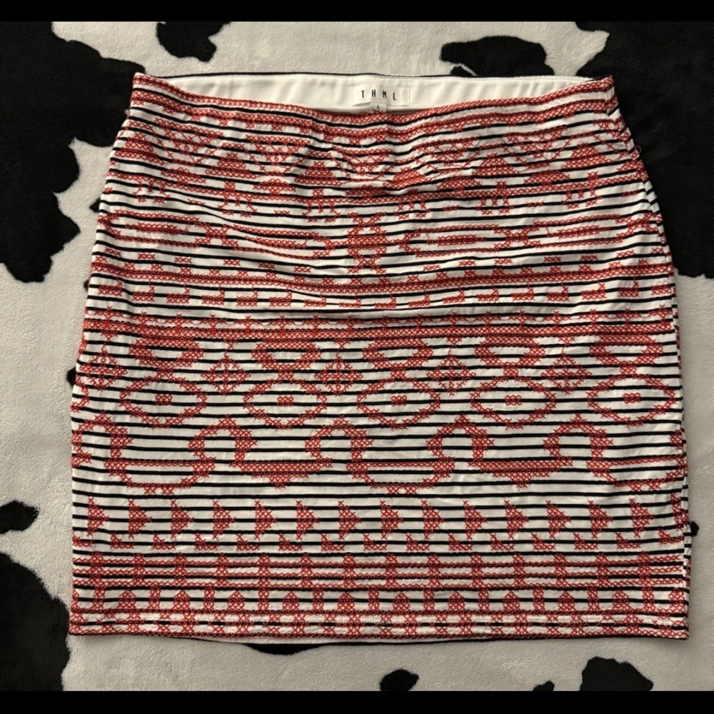 THML Women’s Black/White/Red Striped Design Stretch Pencil Skirt LG